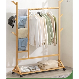 High grade 100cm wooden clothes rack vertical clothes rack clothes storage rack with wheels