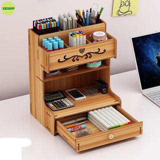 Home Office Desk Organizer Pencil Holder Container Wooden Storage Box Portable with Drawer