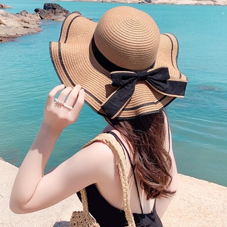 Straw Hat Women's Fresh Japanese Style All-Matching Pearl Lace Bow Hat Women's Summer Travel Big Brim Beach Sun Hat