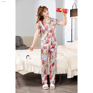 ㍿MeTOo 2021 Korean silk short sleeve cute Cony&Brown pattern comfortable pajama/sleepwear for women