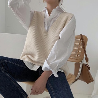 Women Knitted Vest Outerwear Loose Korean Style Solid Color Loose V-neck Sweater Vests