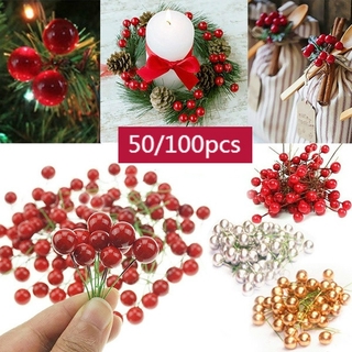 50/100Pcs Christmas Red Berries Diy Artificial Fruit Berry Holly Flower Branch Wreath Craft Decoration Home Decor