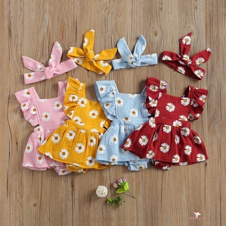 XZQ7-Newborn Baby Girls Daisy Flower Rompers with Headband, Bodysuits Clothes and Headdress Outfits