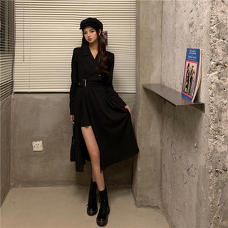 dress Autumn 2020 new black suit collar design sense niche long skirt waist slimming temperament dress goddess fan (6)