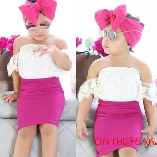 QAZ-Kids Baby Girls Off shoulder Lace Tops T shirt+Skirts headband Outfits Set (2)