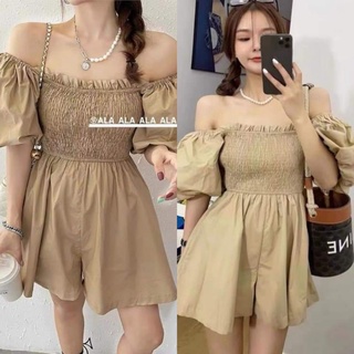 Fashionable Jumpshort / Romper Smockimg Puff Sleeves Korean Vintage Style Casual Daily Outfit