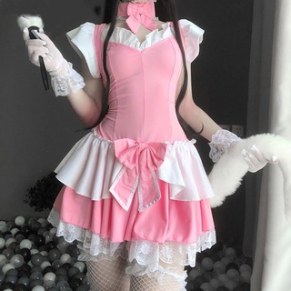 【Cute maid lolita dress lolita cosplay costume】Women Cosplay Maid Outfit Costume Sweet Lovely Pink L