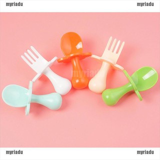 【MRDU】Baby Training Fork Spoon Set Newborn Soup Spoon Candy Colors Safety Tableware