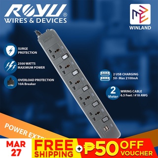 Royu 5 Gang Power Extension Cord with Individual Switches & 2 USB Ports REDEC725/G 2500W *WINLAND*