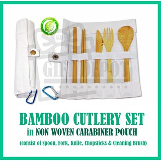 6 in 1 Portable Eco Friendly Bamboo Spoon & Fork Cutlery Set in Carabiner Pouch