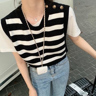 Casual Striped Round Neck Knitted Vest Women's Pullover Slim Contrast Color Sleeveless Outer Wear