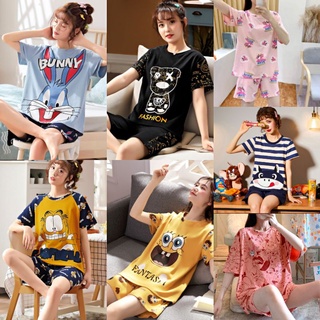 Cotton short-sleeved ladies pajamas summer cartoon cute home service two-piece suit with size
