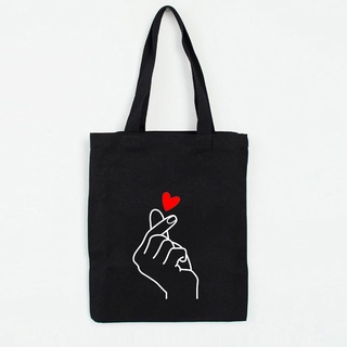 Heart Gesture Women Canvas Foldable Shopping Bag Cartoon Cotton Bag Female Handbags Tote Shoulder