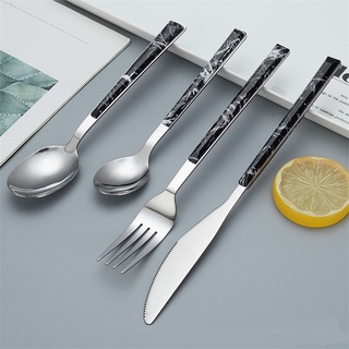 Stainless Steel Cutlery Set With Imitation Wood Handle Korean Style Marble Handle Spoon Fork Tableware Steak Knife Set