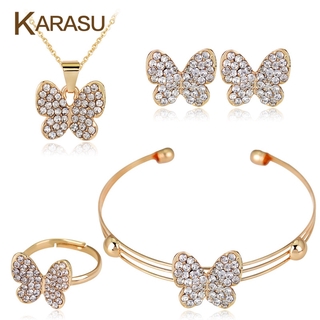 Cute Butterfly Girls Kids Jewelry Sets 4pcs Set Fashion Crystal Rhinestones Children Bracelet Necklace Earrings Jewelry Set