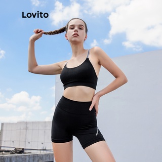 Lovito Sporty Slim Fit Wireless 4-way Stretch Breathable Letter Print Quick-drying Solid Sports Bras L03063 (Black)