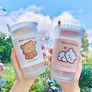 <24h delivery>W&G Creative bear frosted glass Double layer coffee cup spoon Insulation glass cup (3)