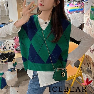 ICE-Women Color Block Knit Vest Vintage Sleeveless Argyle Pattern V-neck Sweater