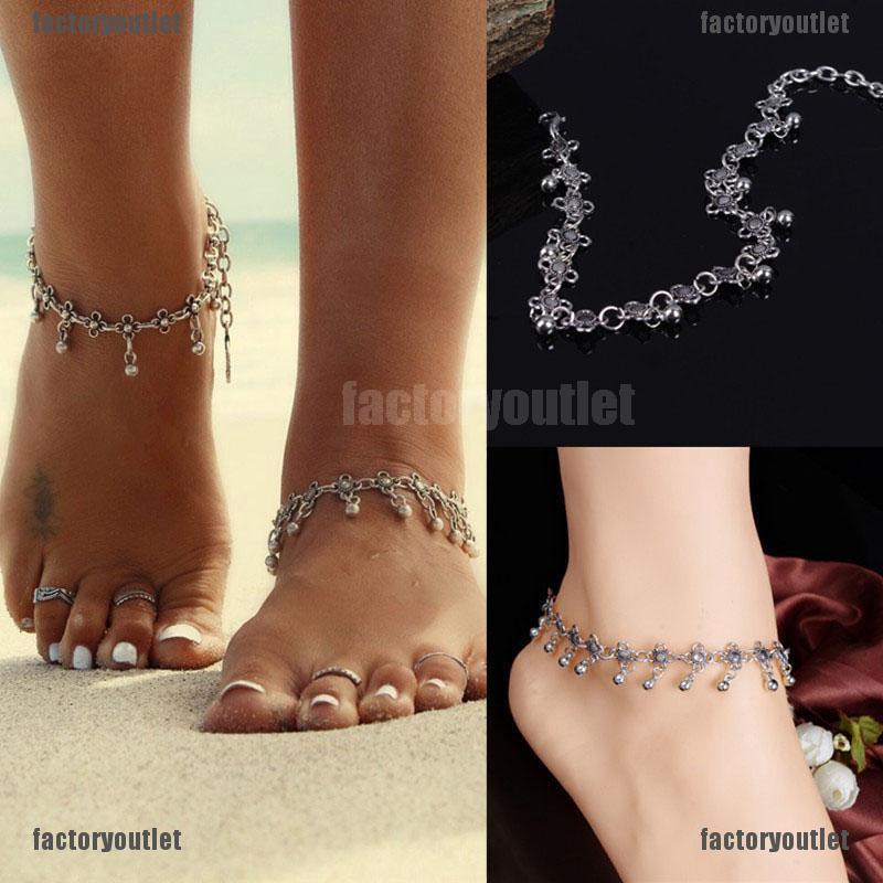 COD Antique Silver Flower Small Bell Anklet Chain Factoryoutlet