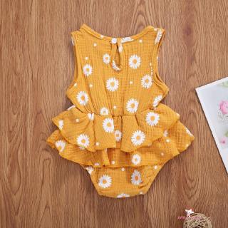 ❤XZQ-0-24 Months Newborn Sleeveless Romper, Daisy Print Classic Round Neck Ruffle Double Lace Summer Clothing (6)