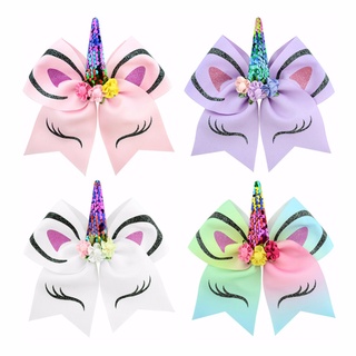 High Quality 8pcs/lot Bow With Cute Ear Design Elastic Band Ribbon Bow With Unicorn Horn Hair Access (1)