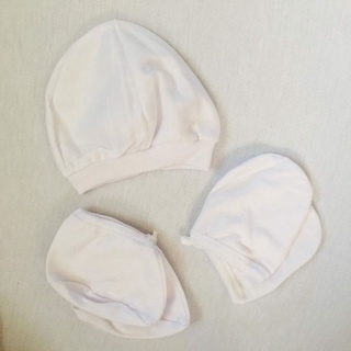 Bonnet, Mittens, Booties, 3in1 complete set. White and Colored linings