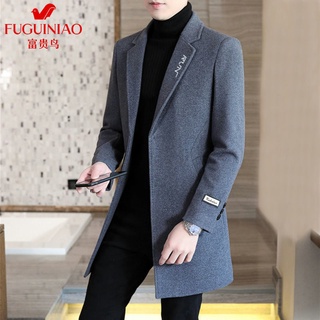 ✥◎▲Wealthy Bird Men s Trench Coat Mid-length Woolen Coat Korean Slim Handsome Woolen Coat Men s Long