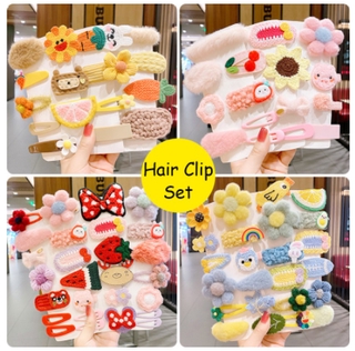 【BY】Cartoon Colorful Baby Kids Flower Hair Clip Set Bowknot Fruits Wool Hairpin Girls Plush Headdress Hair Accessories