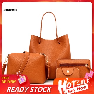 JN~ 4Pcs Women Fashion Solid Color Soft Faux Leather Shoulder Bag Handbag Purse Set