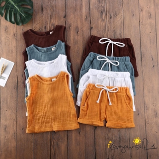 Loveq-Toddler Kids Baby Girls Boys Summer Solid Color Sleeveless Button-Down Tops T-shirt Shorts Outfits