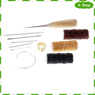 12 Pieces Basic Hand Stitching Leathercraft Set Curved Needles Waxed Thread Awl and Thimble for Leather Upholstery Carpet Canvas