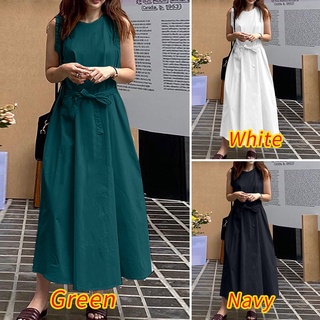ZANZEA Women Fashion Cotton O Neck Sleeveless Casual Solid Color Maxi Dress