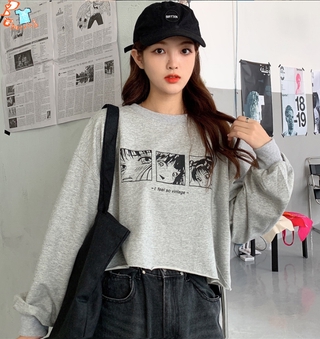 Autumn Korean Fashion Cartoon Print Crop Tops Sweatshirt Loose Causal Long Sleeve Tops