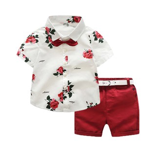 Boy Clothes Flower Tie Shirts+Shorts Gentleman Suit With Tie