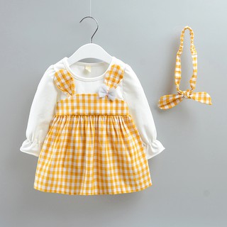 2021 autumn new girl cute plaid bunny fake two-piece long-sleeved round neck dress children's thin dress with hair band