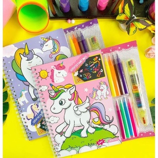 Ready Stock/™❀Unicorn 8 colors scratch note and coloring set COD