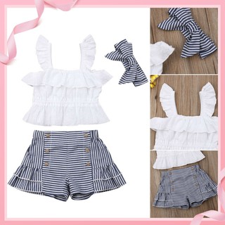 ◕‿◕Toddler Kid Baby Girl Strap Tops+Stripe Shorts+Headband 3PCS Outfits Set Sunsuit (1)