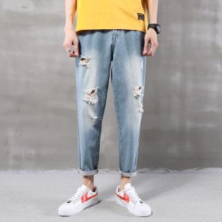 Spot photo of beggars' pants with holes, trousers with holes, jeans with holes, denim jeans, slim jeans, spring / summer 2020, new all-around light color slim pants, men's trend, 9-point pants, loose Harlem pants