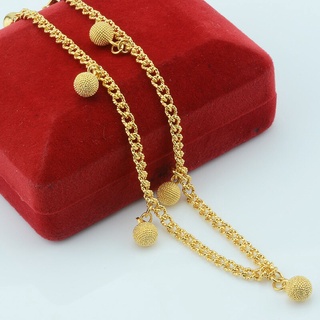 3mm Curb Engraving Chains Women Girls Yellow Gold Color Ball Anklets Foot Chains 25cm&-**