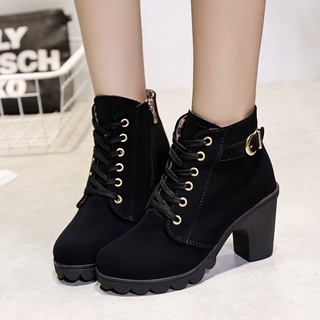 Explosive high-heeled thick-heeled winter women’s boots Cross-lace ankle boots Side zipper Martin boots Women’s shoes plus size Fashion all-match Super hot models Ladies’ high heels
