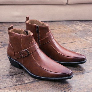 pointed shoe♣۩Give socks Men Martin boots Pointed Toe Chelsea Boots Leather Breathable Ankle