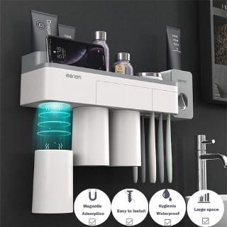 Bathroom Wall Mounted Toothbrush Holder Automatic Toothpaste Dispenser Squeezer with Cup Phone Cosmetic Storage Rack (1)