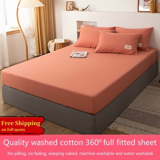 Fitted sheet solid color Simmons protective cover dust proof bedspread mattress cover sheet sheet single bed cover 1.2m 1.5m 1.8m Single/Queen/King set size non slip bedspread cover water washed cotton soft, non shrinking and pilling Pink[Spot goods] (5)