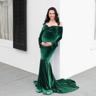 Velvet Maternity Dresses for Photo Shoot Elegant Long Sleeve Off Shoulder Maxi Mermaid Pregnancy