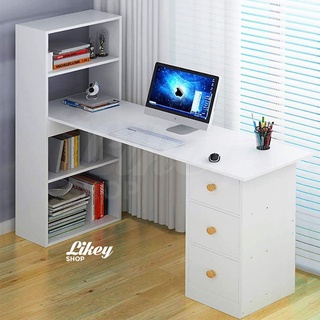 LKS Computer Study Gaming Desk Table with 3 Drawers & 4 Tier Bookshelves for Home Office