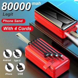 Legit 80000 mAh High Capacity Power Bank Mobile Phone Fast Charger Built in 4 Cable Cords Powerbank