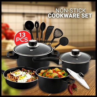 Cookware 13 Pcs Rainbow Spatula Teflon Pot Set - Pan Set 13 Pcs - Black