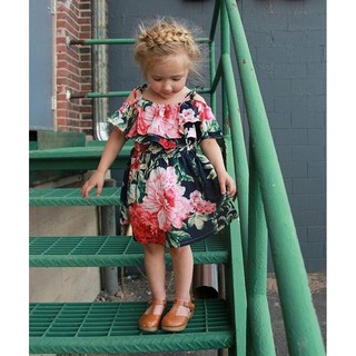 Baby Girls Off-shoulder Skater Dress Kids Floral Summer (8)
