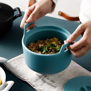 Vanyin Nordic ceramic binaural bowl with lid salad bowl large soup bowl home matte Instant Noodle No