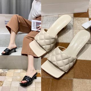 New square head knitted high heel sandals